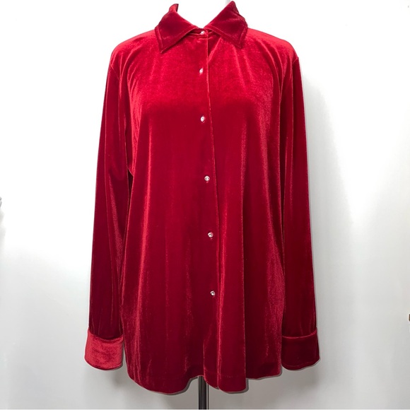 Jones New York Tops - Jones New York Red Velvet Jeweled Rhinestones Buttons Shirt XL Holiday